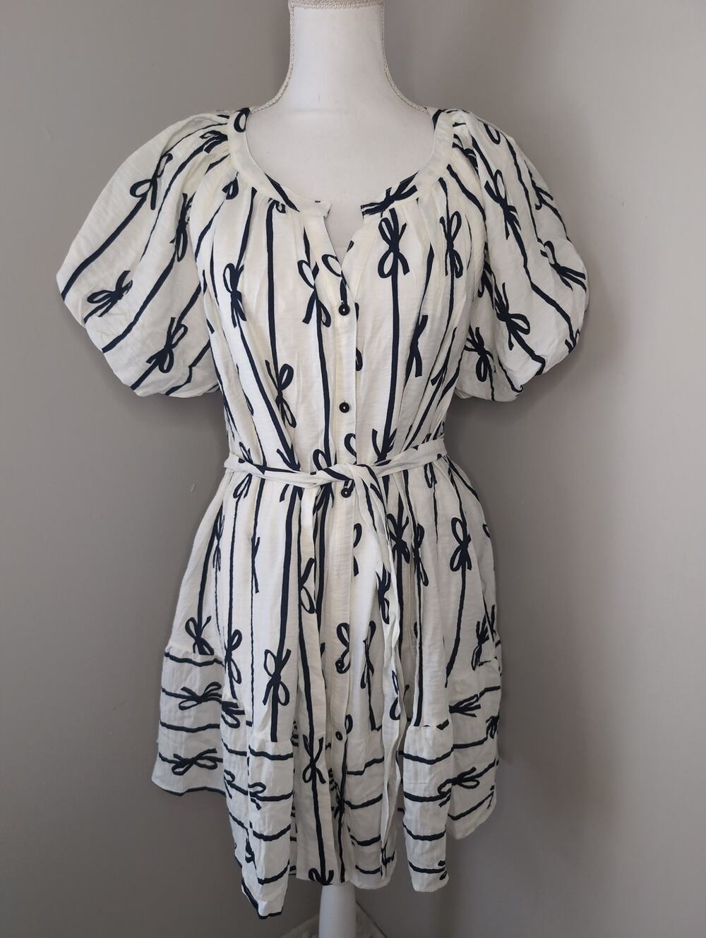 Umgee Bow Print Puff Sleeve Dress Large Coquette Cottagecore